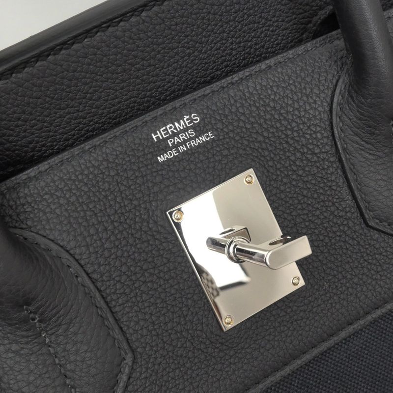 Hermes Haut a Courroies Hac 40 Black Silver Toile Military Togo Hand Bag