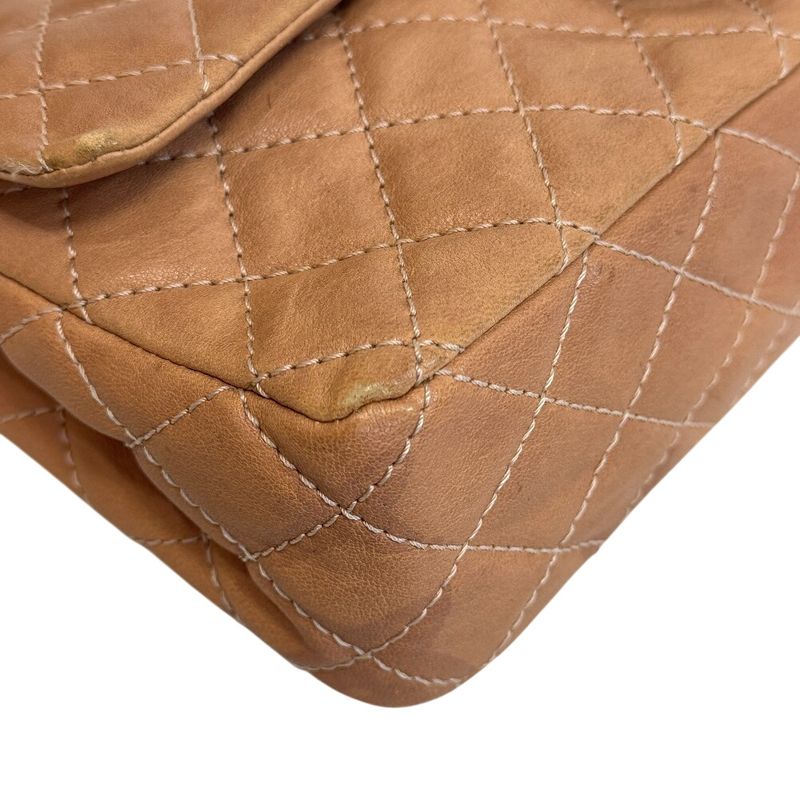 Chanel Chain Turnlock Double Flap 25 Quilted Lambskin Shoulder Bag Beige
