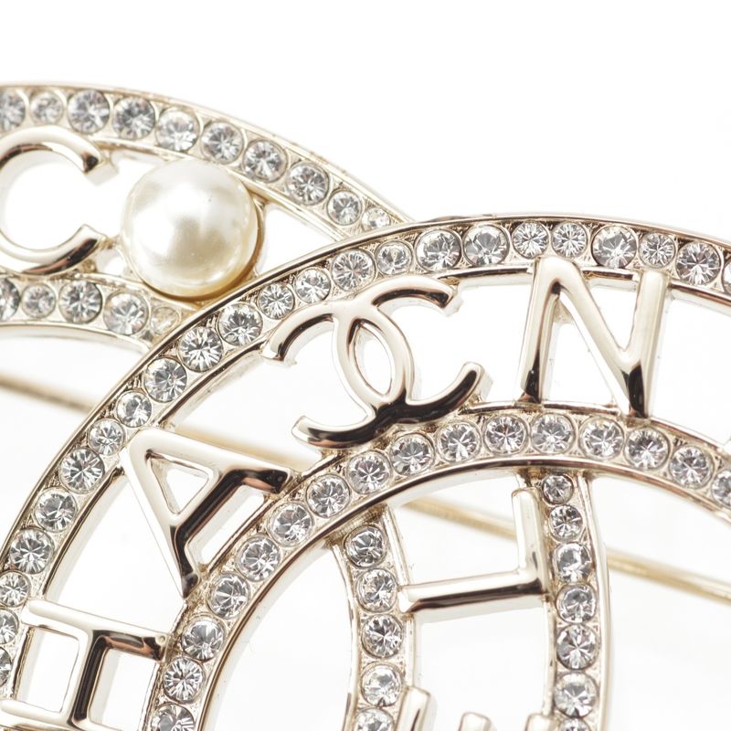 Chanel Pearl Line Stone CC Logo Brooch Gold