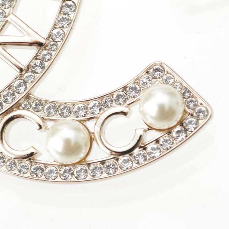 Chanel Pearl Line Stone CC Logo Brooch Gold