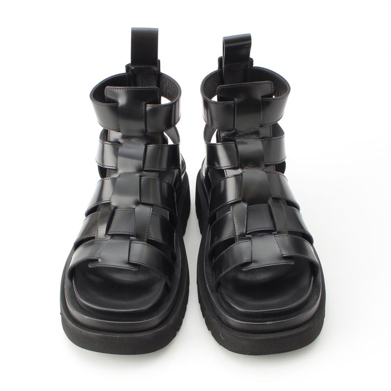 Bottega Veneta Leather Lug Flat Brushed Calf Strap Sandals Black 36