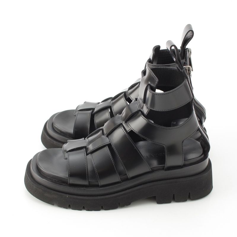 Bottega Veneta Leather Lug Flat Brushed Calf Strap Sandals Black 36