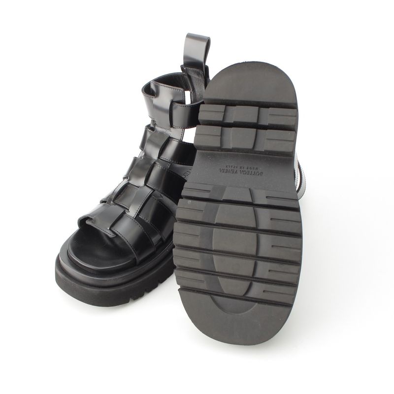 Bottega Veneta Leather Lug Flat Brushed Calf Strap Sandals Black 36