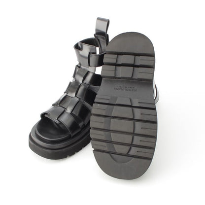 Bottega Veneta Leather Lug Flat Brushed Calf Strap Sandals Black 36