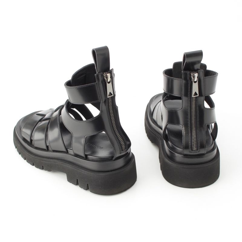 Bottega Veneta Leather Lug Flat Brushed Calf Strap Sandals Black 36