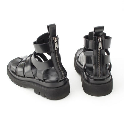 Bottega Veneta Leather Lug Flat Brushed Calf Strap Sandals Black 36