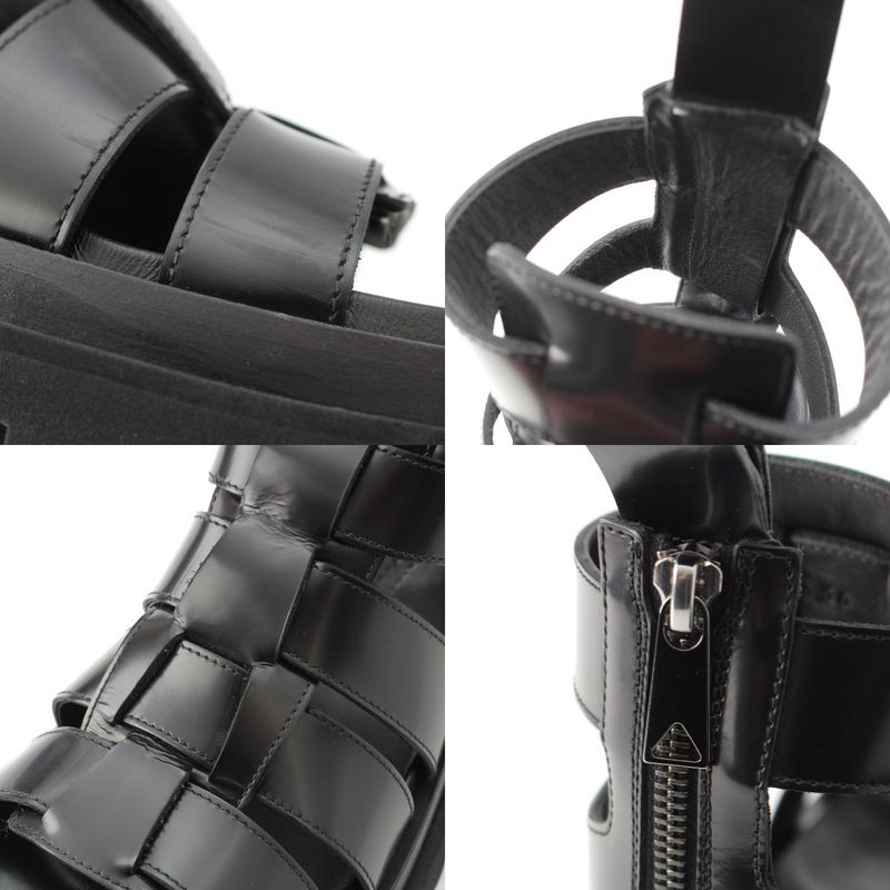 Bottega Veneta Leather Lug Flat Brushed Calf Strap Sandals Black 36