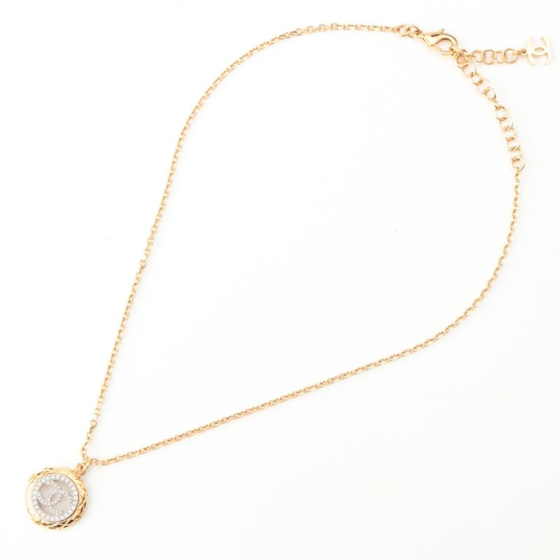 Chanel CC Logo Line Stone Necklace Gold Silver
