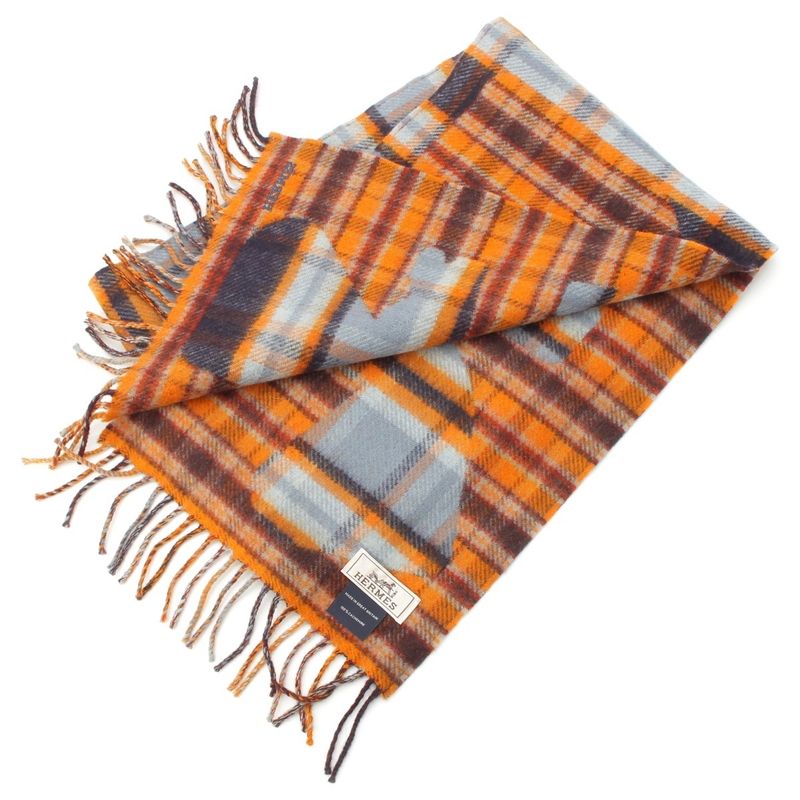 Hermes Cashmere Echarpe Plaid Fringe Scarf Orange