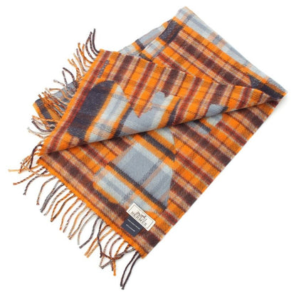 Hermes Cashmere Echarpe Plaid Fringe Scarf Orange