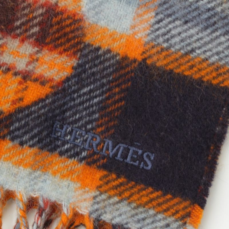 Hermes Cashmere Echarpe Plaid Fringe Scarf Orange