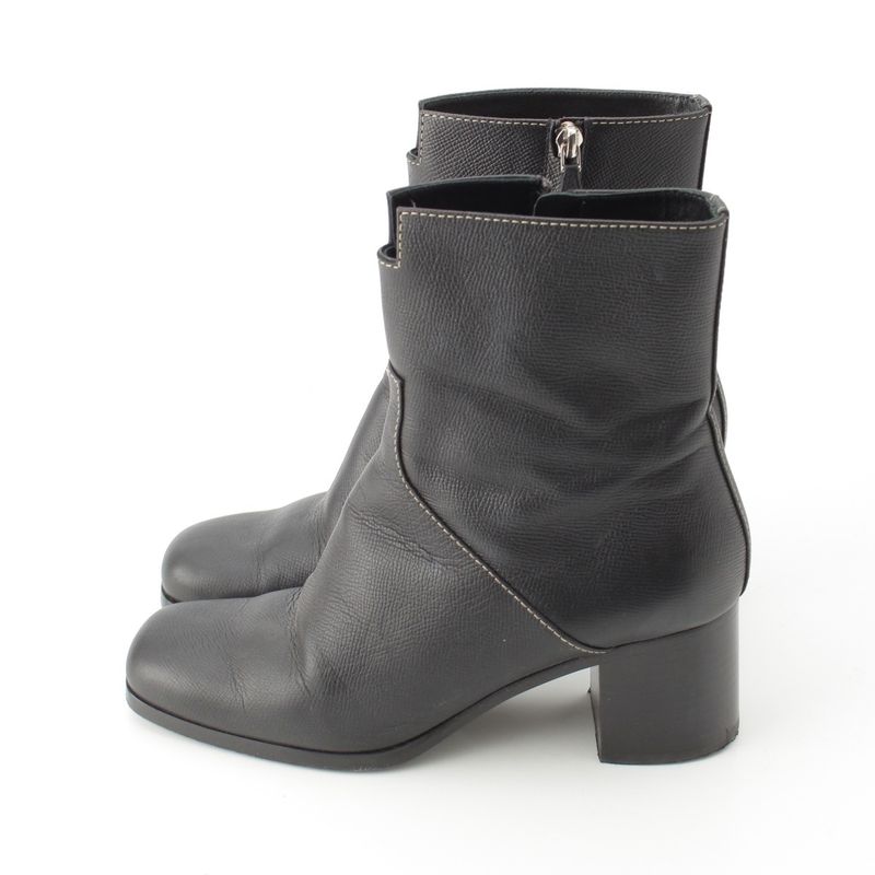 Hermes Leather Flats 60 Side Zip Boots Shoes Black 39