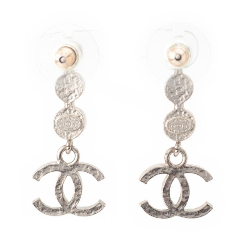 Chanel CC Logo Line Stone Earrings Silver
