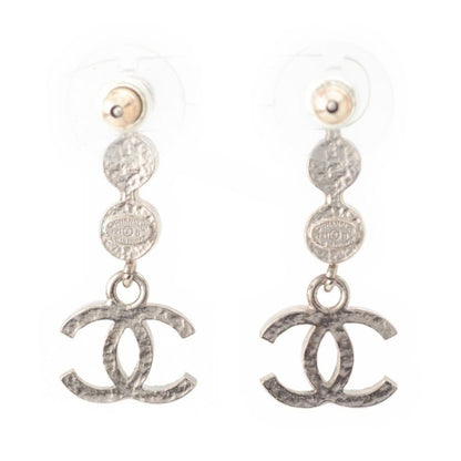 Chanel CC Logo Line Stone Earrings Silver
