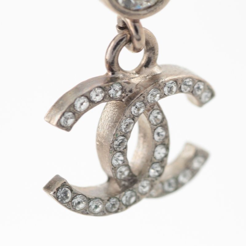 Chanel CC Logo Line Stone Earrings Silver