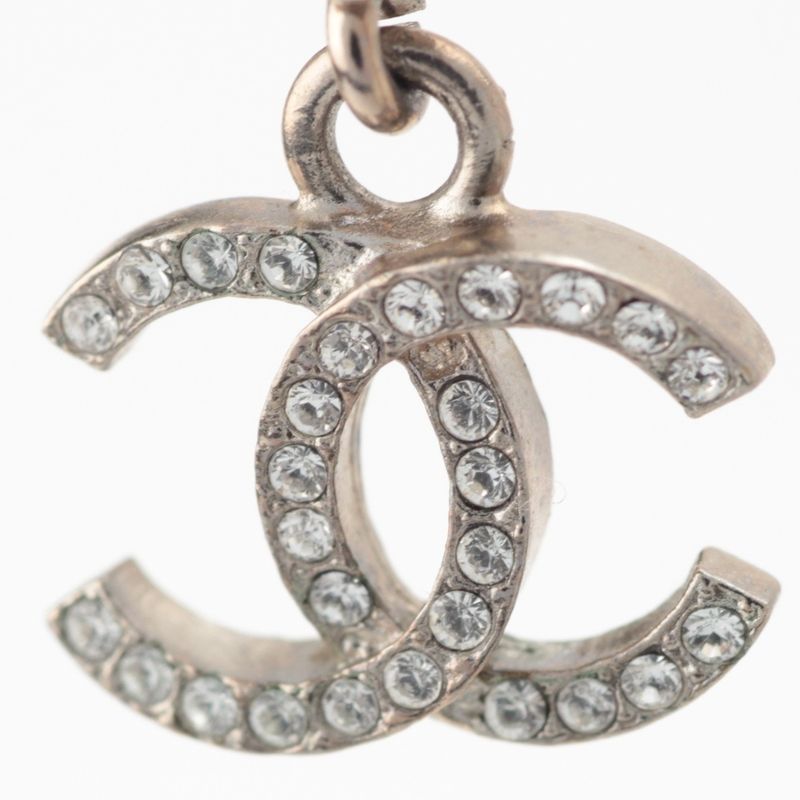 Chanel CC Logo Line Stone Earrings Silver