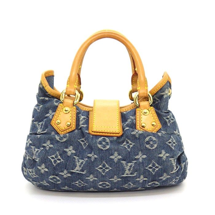 Louis Vuitton Handbag Pleaty Blue Monogram Denim Leather Gold Jeans