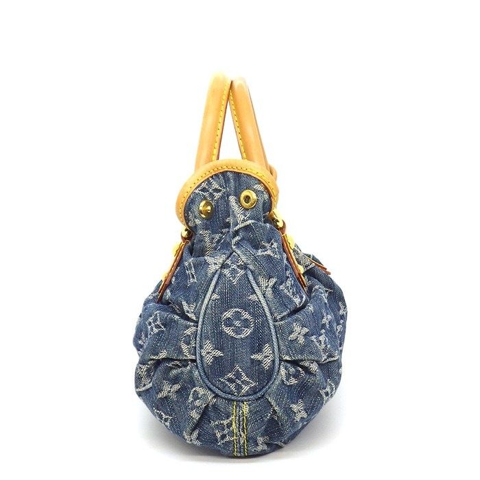 Louis Vuitton Handbag Pleaty Blue Monogram Denim Leather Gold Jeans