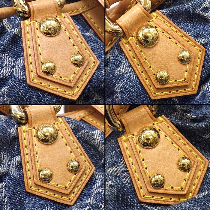Louis Vuitton Handbag Pleaty Blue Monogram Denim Leather Gold Jeans