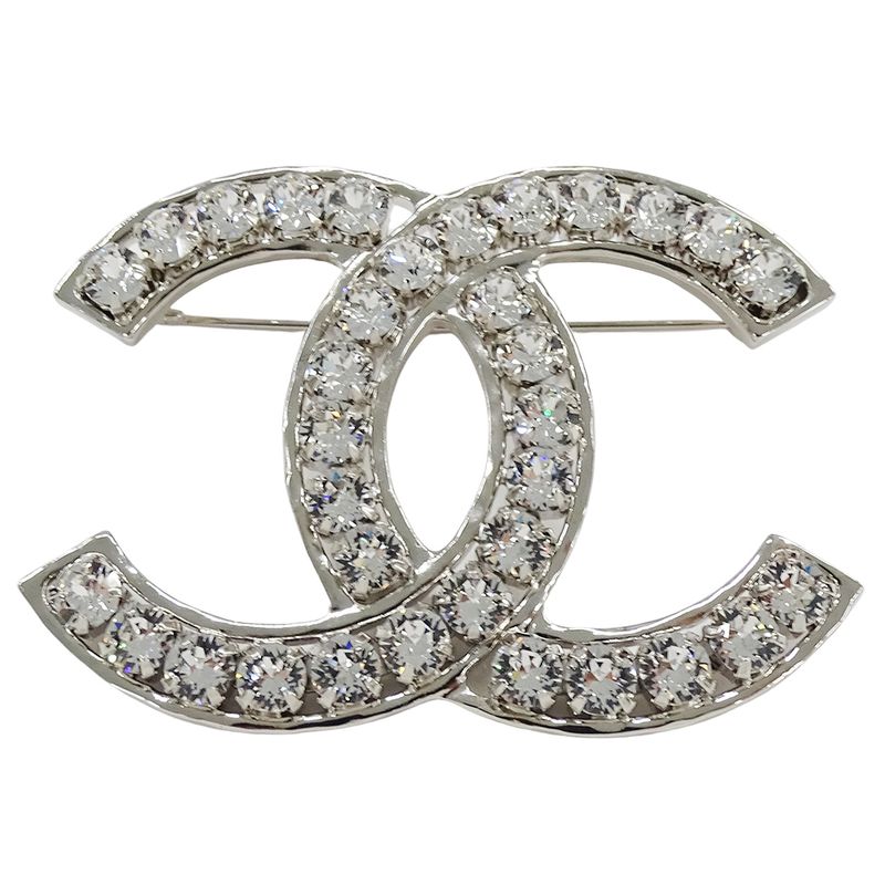 Chanel Brooch Metal Line Stone CC Logo Silver Large Glitter