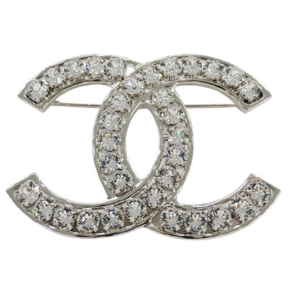 Chanel Brooch Metal Line Stone CC Logo Silver Large Glitter