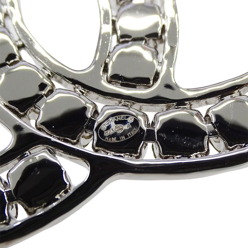 Chanel Brooch Metal Line Stone CC Logo Silver Large Glitter