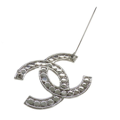 Chanel Brooch Metal Line Stone CC Logo Silver Large Glitter