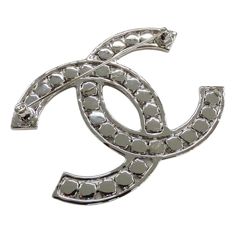 Chanel Brooch Metal Line Stone CC Logo Silver Large Glitter