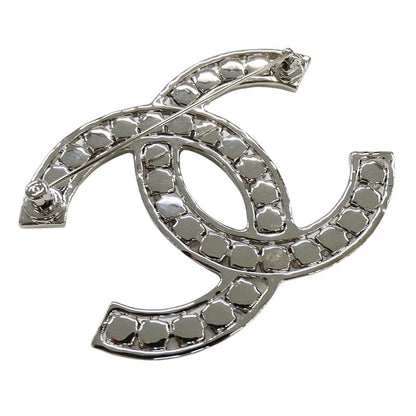 Chanel Brooch Metal Line Stone CC Logo Silver Large Glitter