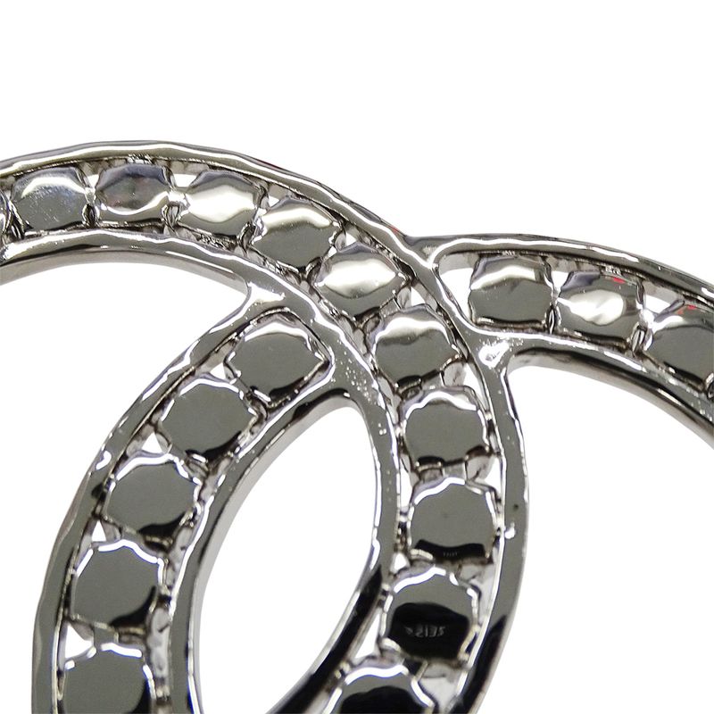 Chanel Brooch Metal Line Stone CC Logo Silver Large Glitter