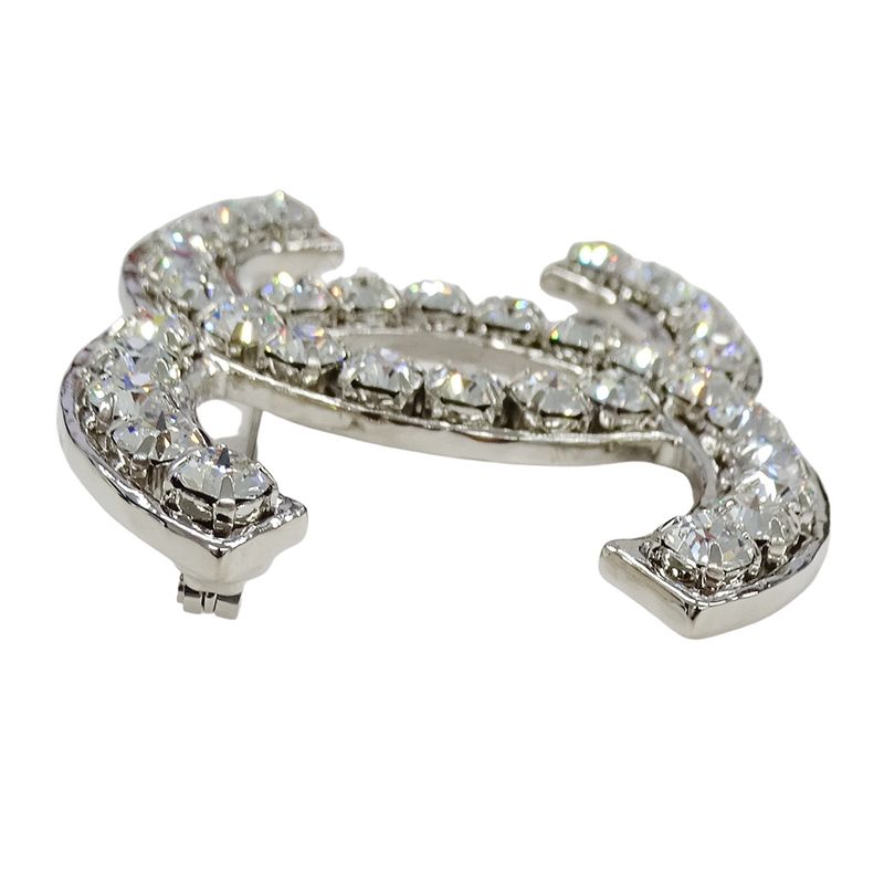 Chanel Brooch Metal Line Stone CC Logo Silver Large Glitter