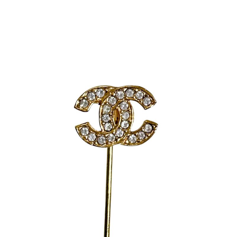 Chanel Line Stone Pin Brooch CC Logo Gold