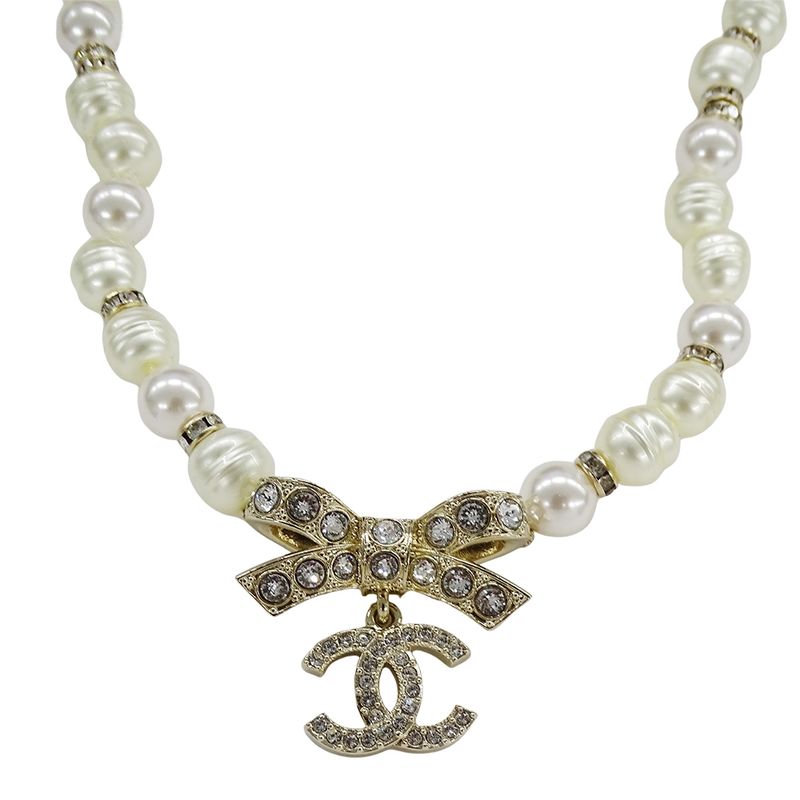 Chanel Choker Necklace Metal Line Stone Faux Pearl Ribbon CC Logo Gold White