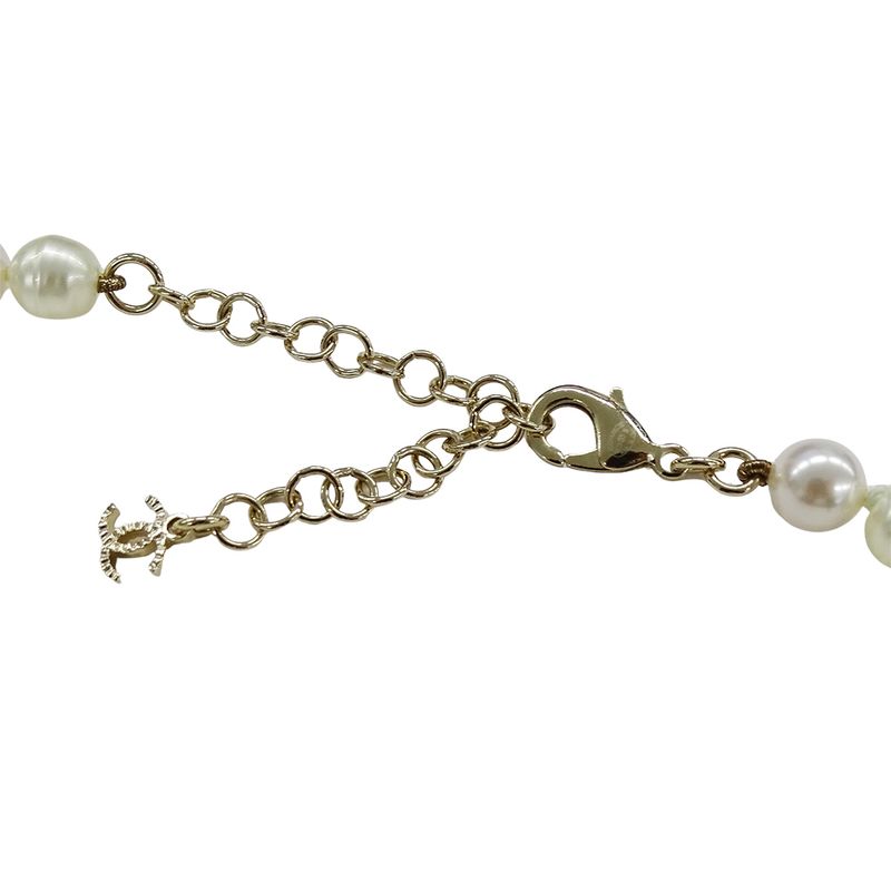 Chanel Choker Necklace Metal Line Stone Faux Pearl Ribbon CC Logo Gold White