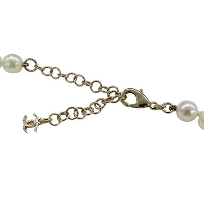 Chanel Choker Necklace Metal Line Stone Faux Pearl Ribbon CC Logo Gold White
