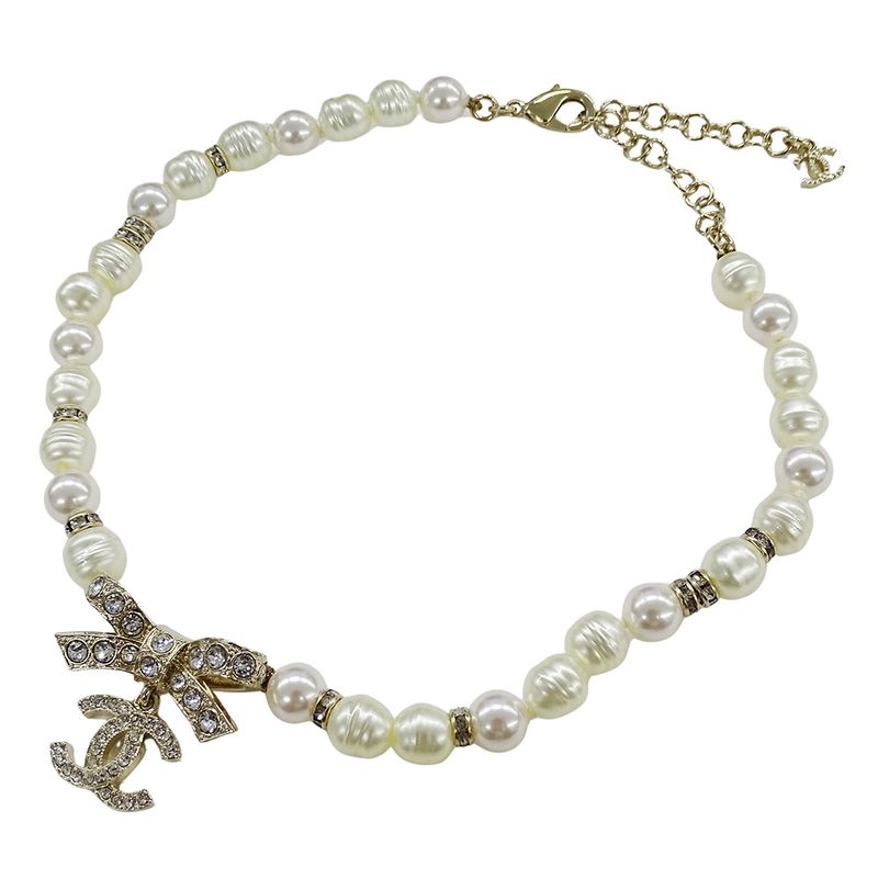Chanel Choker Necklace Metal Line Stone Faux Pearl Ribbon CC Logo Gold White