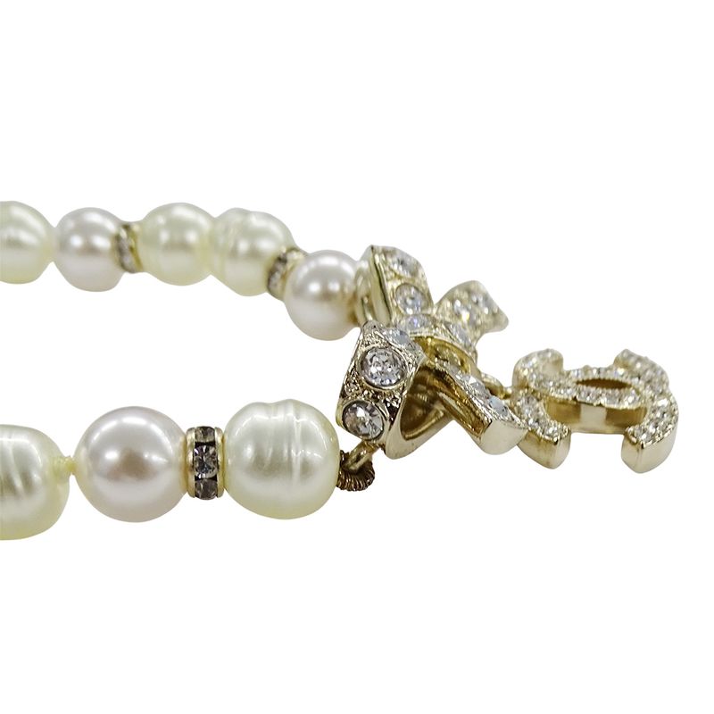 Chanel Choker Necklace Metal Line Stone Faux Pearl Ribbon CC Logo Gold White
