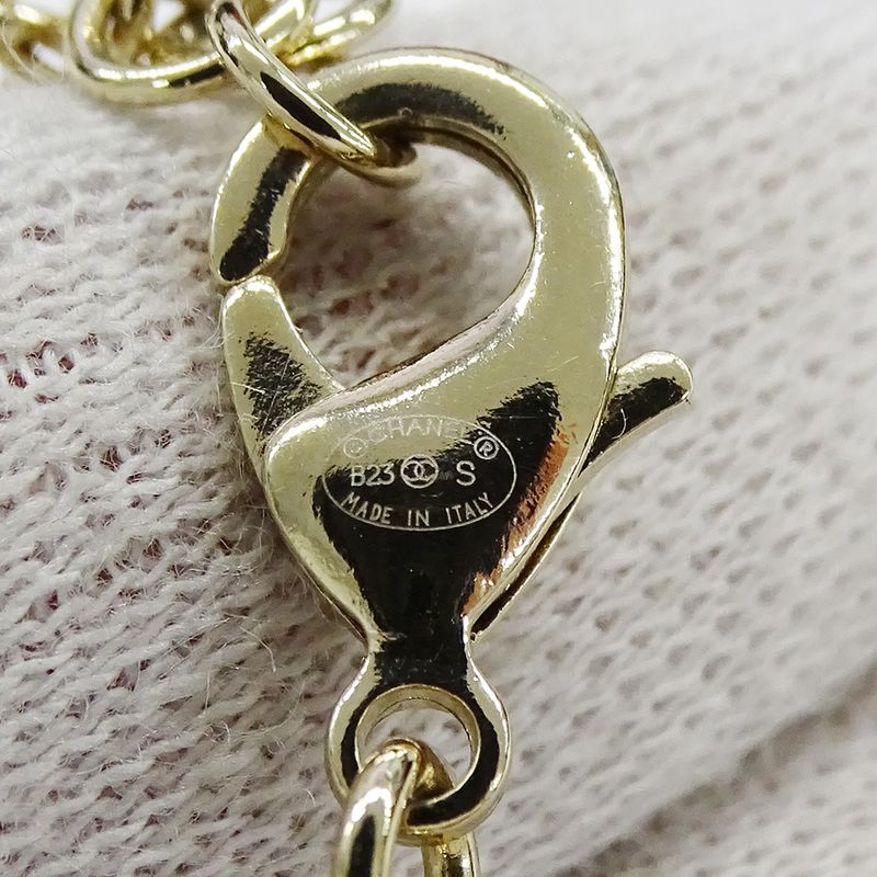 Chanel Choker Necklace Metal Line Stone Faux Pearl Ribbon CC Logo Gold White