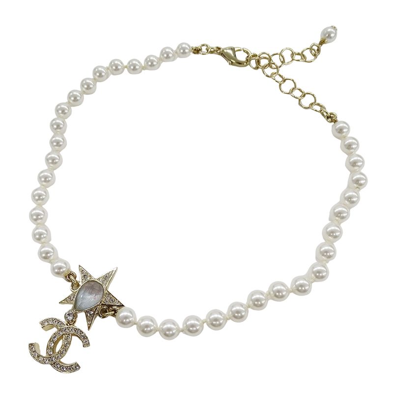 Chanel Choker Necklace Metal Line Stone Faux Pearl Star CC Logo Gold White