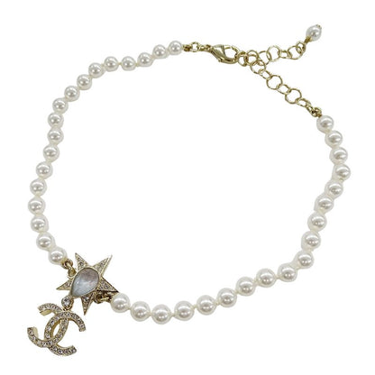 Chanel Choker Necklace Metal Line Stone Faux Pearl Star CC Logo Gold White