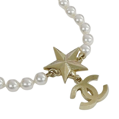Chanel Choker Necklace Metal Line Stone Faux Pearl Star CC Logo Gold White