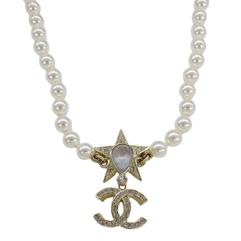 Chanel Choker Necklace Metal Line Stone Faux Pearl Star CC Logo Gold White