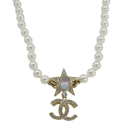 Chanel Choker Necklace Metal Line Stone Faux Pearl Star CC Logo Gold White