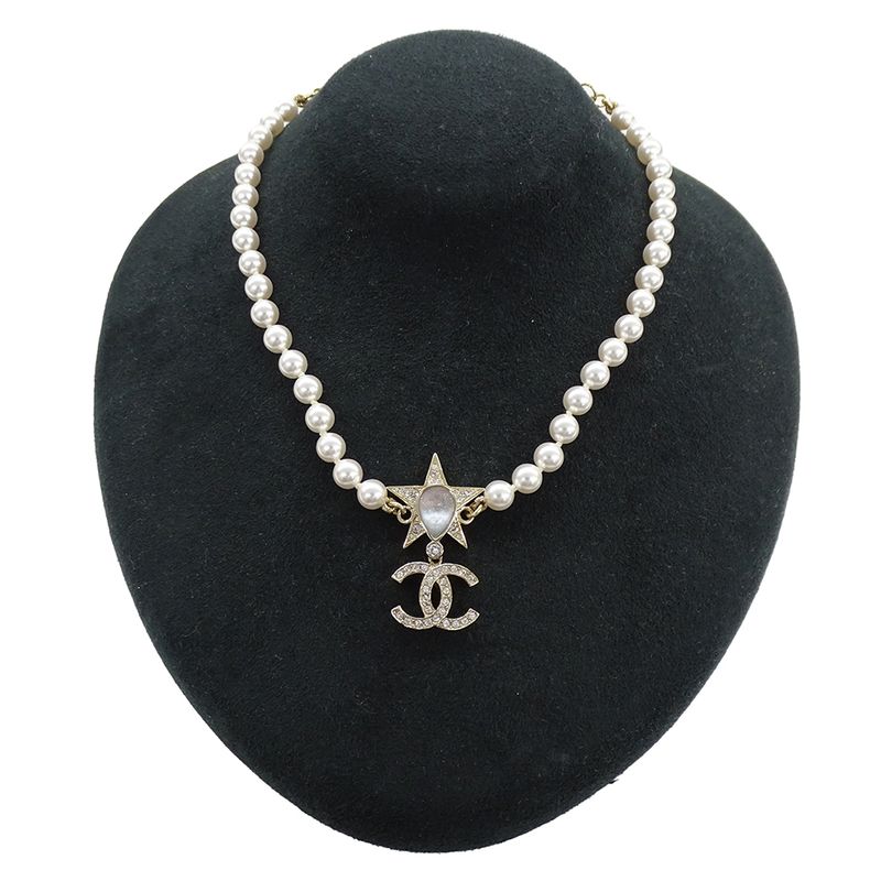 Chanel Choker Necklace Metal Line Stone Faux Pearl Star CC Logo Gold White