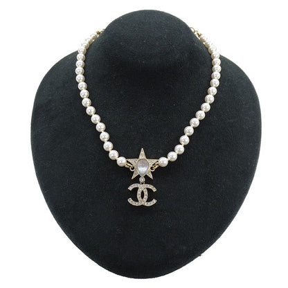 Chanel Choker Necklace Metal Line Stone Faux Pearl Star CC Logo Gold White