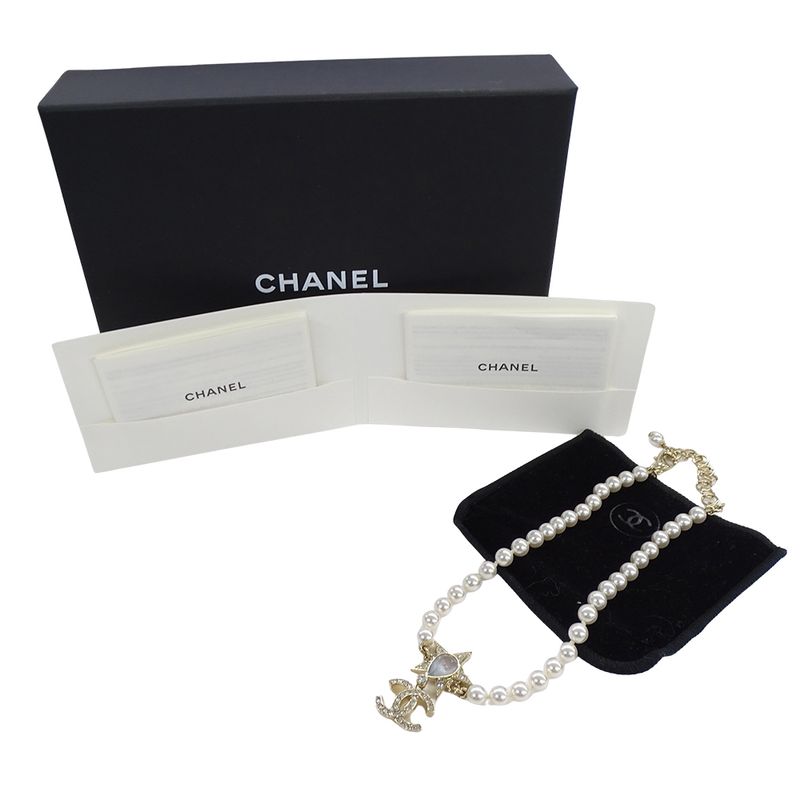 Chanel Choker Necklace Metal Line Stone Faux Pearl Star CC Logo Gold White