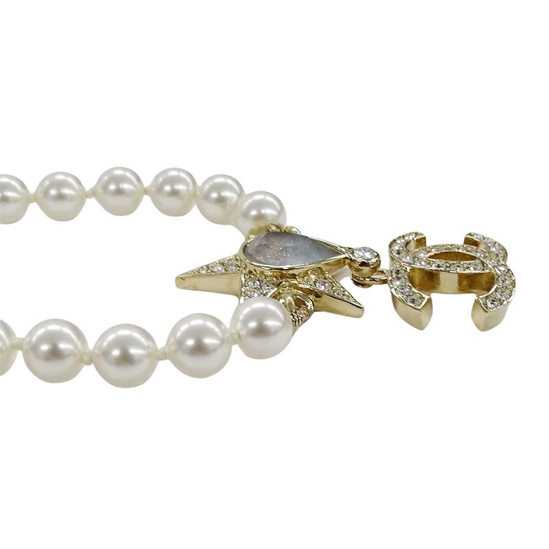 Chanel Choker Necklace Metal Line Stone Faux Pearl Star CC Logo Gold White