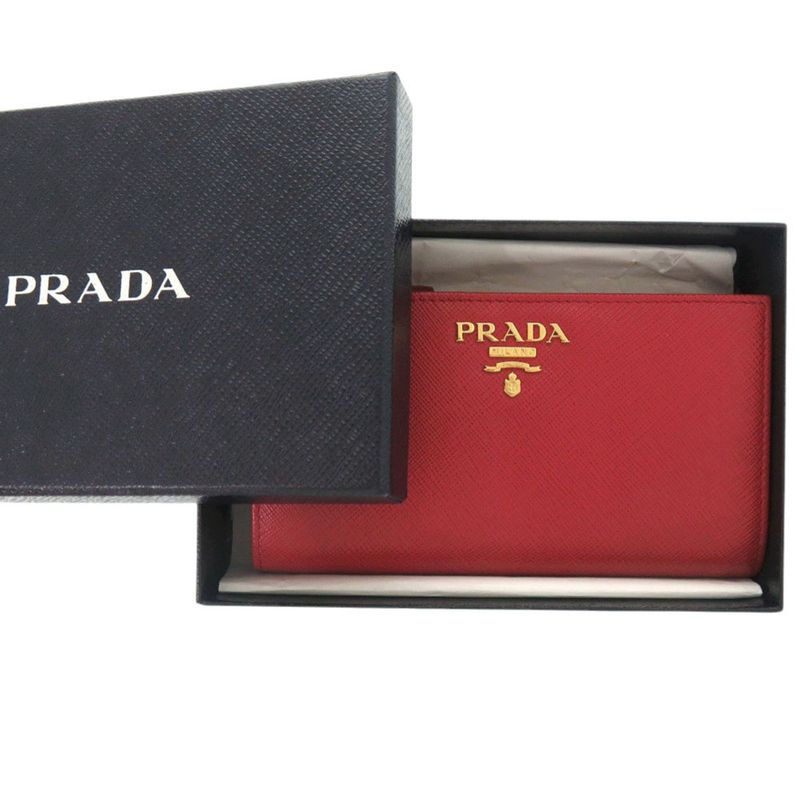 Prada Triangle Logo Gold Saffiano Leather Foco Red Fuoco Bifold Wallet