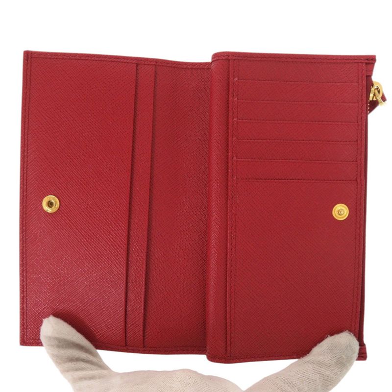 Prada Triangle Logo Gold Saffiano Leather Foco Red Fuoco Bifold Wallet