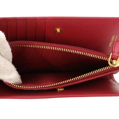 Prada Triangle Logo Gold Saffiano Leather Foco Red Fuoco Bifold Wallet